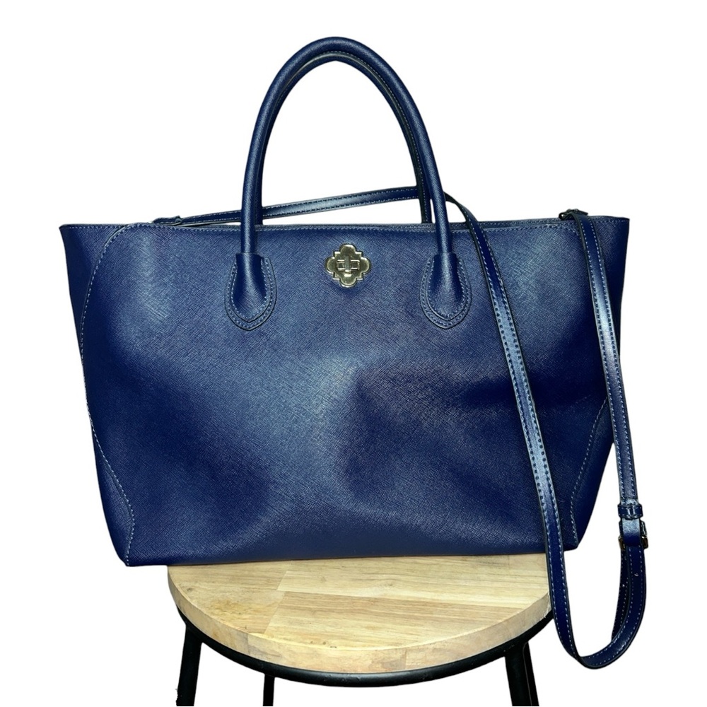 Navy Leather Tote Bag with Crossbody Strap